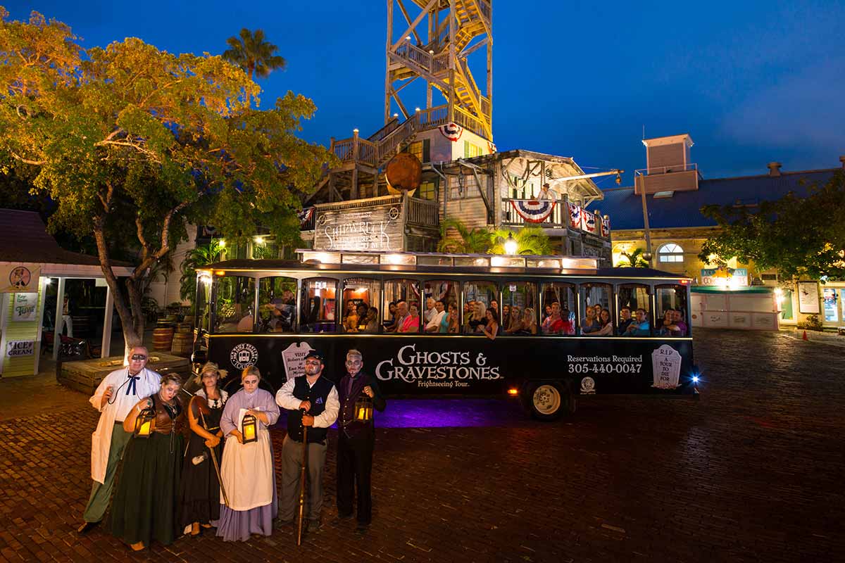 Key West Ghosts & Gravestones trolley in front of Shipwreck Treasure Museum